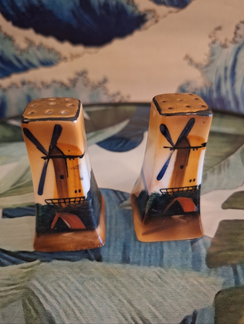 1970s Lusterware Hand-Painted Windmill Salt & Pepper Shakers - Brown & Blue